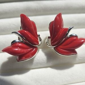 Kramer Red Thermoset Lucite Clip Earrings Silver-tone